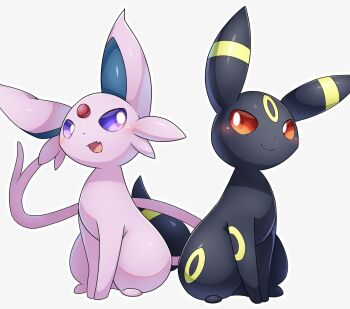 Rule 34 | animal focus, black fur, closed mouth, colored sclera, cosmos3572, espeon, fangs, forehead jewel, forked tail, gen 2 pokemon, looking at viewer, nintendo, no humans, open mouth, pokemon, pokemon (creature), pokemon focus, purple eyes, red eyes, red sclera, simple background, sitting, smile, tail, umbreon, white background