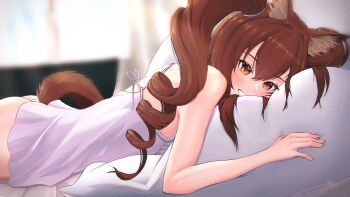 1girl angelina_(arknights) animal_ears arknights arknights:_endfield armpit_crease ass bare_shoulders bed bed_sheet blush brown_hair drill_hair esu_archive fox_ears fox_girl fox_tail gilberta_(arknights) hair_between_eyes highres hugging_object long_hair looking_at_viewer lying on_stomach orange_hair panties parted_lips pillow pillow_hug sidelocks smile solo tail teeth twin_drills twintails underwear