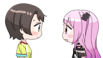 2girls :d black_dress blush_stickers brown_hair chibi closed_mouth dress eye_contact from_side green_eyes highres hololive long_hair looking_at_another mochimiko multiple_girls oozora_subaru oozora_subaru_(1st_costume) open_mouth pink_hair profile red_eyes shirt short_sleeves simple_background small_sweatdrop smile striped_clothes striped_shirt sweat two_side_up upper_body uruha_rushia uruha_rushia_(3rd_costume) vertical-striped_clothes vertical-striped_shirt very_long_hair virtual_youtuber white_background