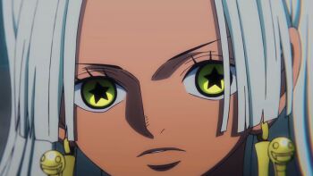 1girl animated animated_gif anime_screenshot dark-skinned_female dark_skin earrings gold_earrings jewelry long_hair looking_at_viewer one_piece s-snake seraphim_(one_piece) smile snake_earrings star-shaped_pupils star_(symbol) symbol-shaped_pupils white_hair yellow_eyes