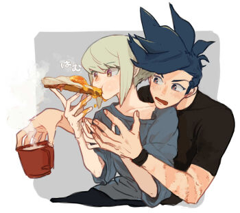 2boys armband black_armband black_pants black_shirt blue_hair blue_shirt bread bread_slice chewing coffee_mug collarbone commentary_request crew_neck cropped_legs cup egg_(food) fingernails food food_in_mouth fried_egg fried_egg_on_toast galo_thymos green_hair holding holding_cup holding_food hover_hand lio_fotia male_focus messy mohawk mug multiple_boys multiple_scars open_mouth pants pink_eyes promare scar scar_on_arm shirt short_sleeves sideburns steam toast yukikotonoha