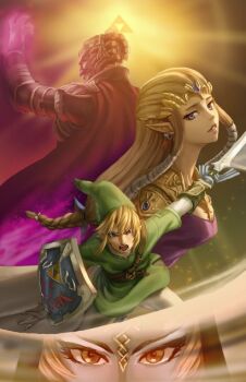 2boys 2girls arm_up armor athenawyrm blue_eyes braid breasts brown_hair cape earrings evil_smile ganondorf gem green_headwear hat holding holding_sword holding_weapon hood hylian_shield jewelry light_brown_hair link lips lipstick long_hair looking_at_viewer low-tied_long_hair makeup master_sword midna midna_(true) multiple_boys multiple_girls neck nintendo open_mouth orange_hair outstretched_arm parted_lips pointy_ears princess_zelda red_eyes red_hair round_teeth serious shield short_hair shoulder_pads smile sword sword_swing teeth the_legend_of_zelda the_legend_of_zelda:_twilight_princess tiara triforce weapon