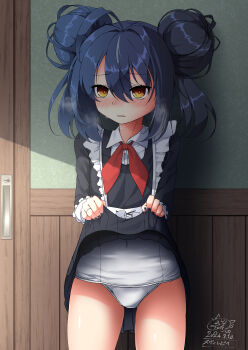 1girl absurdres ahoge artist_logo azur_lane black_hair blush breasts clothes_lift commentary_request double_bun dress dress_lift fingernails hair_between_eyes hair_bun heavy_breathing highres inori_(xyz5568) jewelry logo looking_at_viewer raised_eyebrows ring school_swimsuit school_uniform signature small_breasts solo soviet_school_uniform svirepy_(azur_lane) swimsuit yellow_eyes