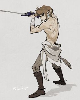 1boy absurdres artist_name bandaged_arm bandages blonde_hair blue_eyes boots clothes_around_waist full_body highres holding holding_sword holding_weapon isa-415810 link male_focus master_sword nintendo no_shirt pointy_ears scar shade simple_background solo sword the_legend_of_zelda the_legend_of_zelda:_twilight_princess training twitter_username weapon