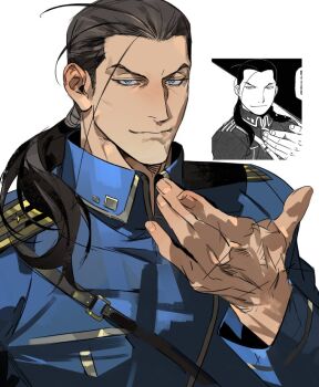 Rule 34 | 1boy, arm up, blue eyes, blue jacket, brown hair, closed mouth, collared jacket, comic panel redraw, commentary request, derivative work, fullmetal alchemist, genichiro cute, gold trim, jacket, long hair, long sleeves, looking at viewer, male focus, military uniform, ponytail, reference inset, simple background, smile, solf j. kimblee, solo, upper body, white background, wing collar