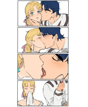 1boy 1girl 4koma 7aizagatha adjusting_clothes adjusting_necktie blonde_hair blue_eyes blue_hair comic commentary earrings erina_pendleton french_kiss handkerchief hetero jewelry jojo_no_kimyou_na_bouken jonathan_joestar kiss kissing_cheek necktie phantom_blood saliva signature silent_comic tongue wiping_mouth