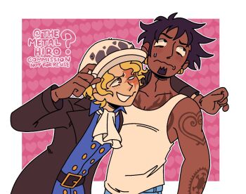 Rule 34 | 2boys, alternate skin color, arm tattoo, ascot, black hair, blonde hair, blue shirt, chest tattoo, commentary, commission, earrings, facial hair, goatee, hat, highres, jewelry, looking up, male focus, multiple boys, one piece, sabo (one piece), shirt, short hair, tank top, tattoo, themetalhiro, trafalgar law, white ascot, white tank top, yaoi