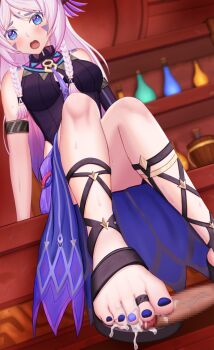 1girl absurdres blue_eyes blush citlali_(genshin_impact) cum denokoto ejaculation feet foot_focus footjob genshin_impact highres long_hair nail_polish open_mouth pink_hair sandaljob sandals shoejob surprised toenail_polish toenails toes