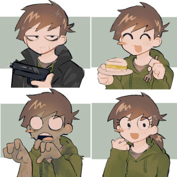 1girl 3boys :3 :d ^_^ alternate_form animification antenna_hair arm_up arms_up bags_under_eyes beard_stubble black_coat black_eyes blush_stickers brown_hair closed_eyes coat colored_skin commentary_request drawstring edd_(eddsworld) eddsworld ell_(eddsworld) facial_hair food fork future_edd_(eddsworld) genderswap genderswap_(mtf) green_hoodie green_skin grey_shirt hair_behind_ear high_collar highres holding holding_fork holding_plate hood hood_down hoodie jitome long_hair long_sleeves looking_at_viewer low_ponytail mettya_329 multiple_boys multiple_persona o_o open_clothes open_coat open_mouth plate ponytail shirt short_hair simple_background single_blush_sticker smile stubble swept_bangs trench_coat zombie