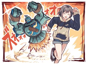 clenched_hands closed_eyes fire fleeing grey_hair hood hoodie open_mouth raised_fist short_hair shorts yukitake_(xuserpost)