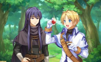 1boy 2boys antenna_hair arm_wrap artist_request belt belt_buckle black_cape black_capelet black_hair black_pants black_shirt black_sleeves blue_eyes blue_trim blush boris_jinneman brown_belt buckle bush cape capelet capelet_belt coat crossed_belts curtained_hair famitsu forest game_cg gem gloves green_background grey_eyes hair_between_eyes hand_on_own_hip holding holding_gem long_hair long_sidelocks long_sleeves looking_at_object lucian_kaltz male_focus multiple_belts multiple_boys nature nexon official_art open_mouth pants parted_lips red_gemstone rock second-party_source shirt short_hair shoulder_belt sidelocks sleeve_cuffs sparkle standing straight_hair tales_weaver tales_weaver:_second_run tassel teeth three-quarter_sleeves tongue tree turtleneck turtleneck_capelet turtleneck_shirt upper_body upper_teeth_only watermark white_capelet white_coat white_gloves white_sleeves