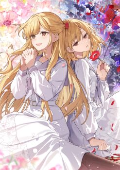 2girls :d blonde_hair brown_eyes character_request commentary_request dress flower grey_sailor_collar hanagata holding holding_flower interlocked_fingers long_hair long_sleeves multiple_girls open_mouth own_hands_clasped own_hands_together parted_lips petals pink_flower puffy_long_sleeves puffy_sleeves red_flower sailor_collar sailor_dress smile very_long_hair watashi_no_oshi_wa_akuyaku_reijou white_dress