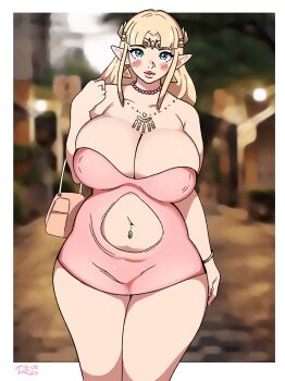 bag belly_piercing blonde_hair blue_eyes bracelet breasts cleavage dress earrings fingernails handbag highres iroquois iroquoisdomi jewelry large_breasts lips navel_piercing necklace nintendo piercing pink_dress princess_zelda revealing_clothes ring road street tagme tiara tight_clothes tight_dress