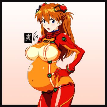 1girl :o absurdres anime_coloring big_belly black_border blue_eyes blush bodysuit border breasts brown_hair covered_erect_nipples covered_navel cowboy_shot fungus-man gradient_background hair_between_eyes hand_on_own_hip highres large_breasts long_hair looking_at_viewer mecha_pilot_suit multicolored_bodysuit neon_genesis_evangelion open_mouth outside_border plugsuit_(evangelion) pregnant self-upload solo souryuu_asuka_langley standing test_plugsuit_(evangelion) two-tone_bodysuit v-shaped_eyebrows wide_hips