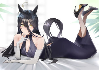 1girl absurdres ahoge alternate_costume arm_support ass bare_shoulders black_dress black_hair black_shoes blush breasts clothing_cutout collarbone commentary_request dress earrings elbow_gloves gloves hair_between_eyes high_heels highres jewelry jitome_no_tsugumi legs_up lying manhattan_cafe_(umamusume) multicolored_hair on_stomach shoes simple_background single_earring small_breasts solo streaked_hair tail tail_through_clothes the_pose umamusume white_background white_gloves white_hair yellow_eyes