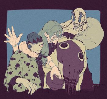 4boys arm_up body_markings clenched_teeth collarbone commentary cursed_spirit_(jujutsu_kaisen) dagon_(jujutsu_kaisen) facial_mark hanami_(jujutsu_kaisen) highres holding_hands horns_on_eye_sockets jogo_(jujutsu_kaisen) jujutsu_kaisen limited_palette looking_at_another mahito_(jujutsu_kaisen) male_focus mim_(mimya0600) monster_boy multiple_boys octopus_boy one-eyed shirt smile stitched_arm stitched_wrist stitches teeth tentacles