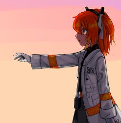 Rule 34 | 1girl, a.i. voice, absurdres, arm at side, backlighting, belt pouch, drawstring, from side, gloves, gradient background, hair ribbon, highres, jacket, long sleeves, medium hair, one side up, open clothes, open jacket, orange eyes, orange hair, outstretched arm, parted lips, pouch, profile, revision, ribbon, shouyu (syoyuconitiwa), solo, standing, upper body, utau, white gloves, white jacket, white ribbon