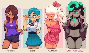 4girls absurdres aqua-framed_eyewear aqua_eyes aqua_horns aqua_nails arm_behind_back bell black_bra black_hair black_panties black_shorts blouse blue_eyes blue_hair blue_skirt blush bra breasts bright_pupils brown_hair cleavage collared_shirt colored_skin cowboy_shot cropped_legs curtain_call_challenge_(meme) dark-skinned_female dark_skin earrings english_text furry furry_female gaziter goat_girl goat_horns grey_skin half-closed_eyes highres horns jewelry long_hair long_sleeves lusine_(gaziter) meme multiple_girls nail_polish navel neck_bell off-shoulder_sweater off_shoulder original panties pink_sweater pleated_skirt purple_eyes purple_tank_top round_eyewear shirt shirt_tucked_in short_sleeves shorts skirt sleeves_past_wrists sweater tank_top tented_shirt underwear white_eyes white_pupils white_shirt