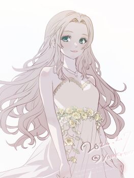 Rule 34 | 1girl, absurdres, aerith gainsborough, aerith gainsborough (white floral dress), bare arms, bare shoulders, breasts, brown hair, character name, closed mouth, colored eyelashes, dated, dress, dress flower, final fantasy, final fantasy vii, final fantasy vii rebirth, final fantasy vii remake, flower, gold trim, green eyes, happy birthday, hashtag-only commentary, highres, jewelry, light smile, long hair, looking at viewer, medium breasts, multiple necklaces, necklace, official alternate costume, parted bangs, pink lips, rose, sidelocks, solo, strapless, strapless dress, twitter username, white dress, yellow flower, yellow rose, ynmkrn27