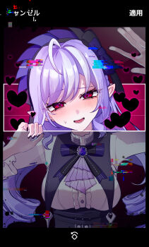 1girl ama_some_(kr0ri) ascot black_nails blush border bow bowtie breast_curtains center_frills drill_hair frills gem hairband heart heart-shaped_pupils highres looking_at_viewer mole mole_under_eye open_mouth phone pointy_ears purple_ascot purple_bow purple_bowtie purple_gemstone purple_hair purple_hairband red_eyes shrug_(clothing) sideboob_cutout solo sweat symbol-shaped_pupils teeth through_medium through_screen user_interface vivian_banshee white_shrug zenless_zone_zero
