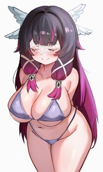 1girl absurdres alternate_breast_size_(larger) arms_behind_back bikini black_hair blush breasts closed_eyes columbina_(genshin_impact) curvy genshin_impact highres large_breasts long_hair multicolored_hair navel pingun purple_hair simple_background smile solo swimsuit thick_thighs thighs two-tone_hair white_background