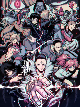 Rule 34 | 1other, 3girls, 6+boys, aquiline nose, black coat, black hair, black shirt, blonde hair, blue eyes, bonolenov ndongo, boxing gloves, chrollo lucilfer, coat, cross, cross necklace, cross tattoo, denim, earrings, everyone, facial mark, facial tattoo, feitan portor, forehead mark, forehead tattoo, franklin bordeau, fur-trimmed coat, fur trim, glasses, glowing, glowing eyes, gun, hair between eyes, hair slicked back, highres, hisoka morow, holding, holding gun, holding phone, holding sword, holding weapon, hunter x hunter, japanese clothes, jeans, jewelry, korutopi, kurapika, long earlobes, looking at viewer, lydart mclo, machi komacine, midriff, multiple boys, multiple girls, mummy costume, muscular, muscular male, navel, necklace, nen (hunter x hunter), nobunaga hazama, nose, one eye covered, pakunoda, pants, phinks magcub, phone, pink hair, ponytail, profile, red eyes, shalnark, shirt, shizuku murasaki, signature, sleeveless, smile, spider tattoo, sword, tattoo, teardrop tattoo, topless male, uvogin, vacuum cleaner, weapon, white hair