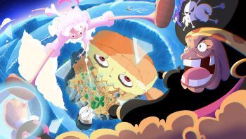 2boys absurdres beard boat cloud commentary earrings evil_smile eyelashes facial_hair from_above hat highres hkwrld hoop_earrings jewelry long_beard long_nose marshall_d._teach monkey_d._luffy multiple_boys one_piece open_mouth pirate_hat ring shorts smile thick_eyebrows watercraft white_hair white_shorts