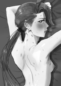 1girl back bed breasts drooling ear_piercing earrings hickey jewelry lips long_eyelashes long_hair looking_over_shoulder low_ponytail lying monochrome nintendo on_stomach piercing pokemon pokemon_sv ponytail rika_(pokemon) saliva saliva_trail small_breasts sweat sweat_on_forehead ukyu_(komarukoune) upper_body very_long_hair