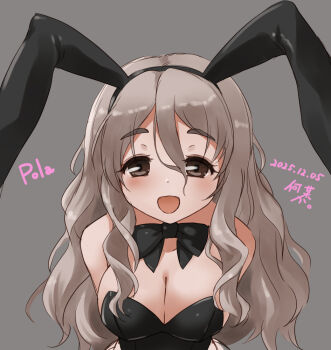 Rule 34 | 1girl, animal ears, black leotard, blush, bow, bowtie, breasts, brown background, brown eyes, character name, cleavage, detached collar, fake animal ears, grey hair, hair between eyes, kantai collection, kochipu, leotard, long hair, looking at viewer, medium breasts, open mouth, playboy bunny, pola (kancolle), rabbit ears, smile, solo, strapless, strapless leotard, thick eyebrows, upper body, wavy hair, wrist cuffs