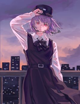 1girl arm_up black_dress black_hat chainsaw_man city closed_mouth collared_shirt dress eananaia earrings expressionless fami_(chainsaw_man) fourth_east_high_school_uniform hashtag-only_commentary hat highres jewelry long_sleeves looking_at_viewer medium_hair outdoors peaked_cap pinafore_dress purple_hair red_eyes school_uniform shirt sleeveless sleeveless_dress solo white_shirt