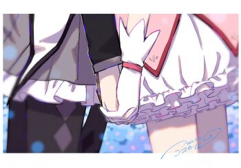 Rule 34 | 2girls, akemi homura, akemi homura (magical girl), asukaru (magika ru), black pantyhose, border, dated, dress, gloves, highres, holding hands, kaname madoka, kaname madoka (magical girl), long sleeves, mahou shoujo madoka magica, mahou shoujo madoka magica (anime), multiple girls, pantyhose, pink dress, signature, skirt, soul gem, white border, white dress, white gloves