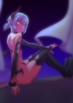 Rule 34 | 1boy, absurdres, androgynous, blue hair, commentary, demon boy, demon horns, demon tail, full body, hej 510, highres, horns, navel, nude, original, pink eyes, ponytail, short hair, short ponytail, sitting, skinny, tail, thighhighs, untranslatable commentary
