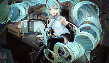 1girl absurdly_long_hair absurdres bare_shoulders black_thighhighs blue_eyes blue_hair blue_necktie breasts character_doll commentary_request computer dai_(maku57979607) desk detached_sleeves doll figure glitch hatsune_miku headphones headset highres indoors long_hair looking_at_viewer medium_breasts monitor necktie on_desk open_mouth sitting skirt smile speaker thighhighs twintails very_long_hair vocaloid