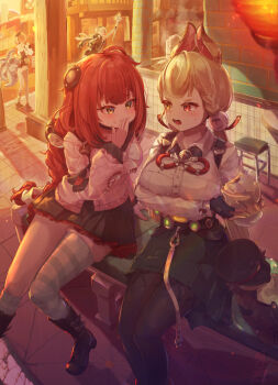 4girls alice_thymefield animal_ears arm_under_breasts bare_shoulders beret black_hat black_sailor_collar blonde_hair blue_hair braid braided_twintails breasts brown_pantyhose cardigan chest_bow commentary_request covering_own_mouth detached_sleeves evening flying_sweatdrops food food_on_face goat_ears goat_girl goat_horns goat_tail green_eyes green_skirt hair_ornament hat hearing_aid heterochromia high-waist_shorts highres holding holding_food holding_staff horns kamanosuke_(zenless_zone_zero) large_breasts long_hair looking_at_another low_twintails lucia_elowen multiple_girls on_bench open_mouth outdoors pantyhose pemosuke pink_cardigan rabbit_ears rabbit_girl raccoon red_eyes red_hair sailor_collar shirt short_hair shorts single_thighhigh sitting skirt sphere_hair_ornament staff steam striped_clothes striped_thighhighs suction_cups tail tanuki tentacle_girl tentacle_tail tentacles thighhighs twin_braids twintails ukinami_yuzuha white_shirt yellow_eyes yidhari_murphy zenless_zone_zero