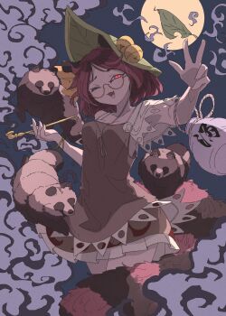1girl absurdres animal_ears bell blue_background brown_hair full_moon futatsuiwa_mamizou glasses gourd hat hat_bell highres holding holding_smoking_pipe jingle_bell kiseru leaf leaf_hat looking_at_viewer moon night one_eye_closed open_mouth pince-nez raccoon_ears raccoon_girl raccoon_tail red_eyes ryouryou smoke smoking_pipe solo tail tanuki touhou