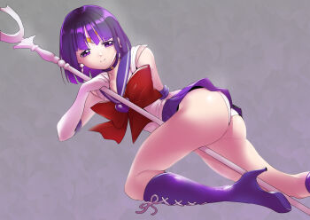 1girl ass back_bow bishoujo_senshi_sailor_moon bob_cut boots bow breasts brooch choker circlet earrings elbow_gloves gloves heart heart_brooch highres jewelry leotard looking_at_viewer lying on_side pleated_skirt purple_eyes purple_hair purple_sailor_collar sailor_collar sailor_saturn sailor_senshi sailor_senshi_uniform shiny_skin short_hair silence_glaive skirt solo star_(symbol) star_choker tomoe_hotaru toppogi white_gloves white_leotard