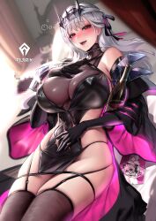 Rule 34 | 1girl, absurdres, bandaged head, bandages, bare shoulders, black dress, black gloves, black sleeves, black thighhighs, blush, bottle, breasts, censored, cian yo, cleavage, commentary, detached sleeves, diadem, doro (nikke), dorothy (nikke), dress, drooling, drunk, gloves, goddess of victory: nikke, highres, impossible clothes, indoors, large breasts, long hair, looking at viewer, lying, modernia (nikke), modernia (second affection) (nikke), mosaic censoring, nose blush, on back, on bed, open mouth, pelvic curtain, red eyes, see-through, see-through cleavage, skindentation, smile, solo, thighhighs, thighs, tiara, upper body, white hair