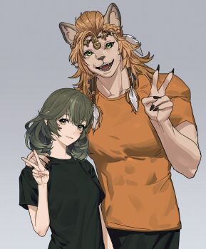 2girls animal_ears baesong black_shirt brown_hair casual circlet commentary_request fangs final_fantasy final_fantasy_xiv fingernails furry furry_female green_eyes grey_background highres hrothgar hyur korean_commentary lion_ears lion_girl long_fingernails looking_at_viewer multiple_girls open_mouth orange_shirt sharp_fingernails shirt short_hair simple_background sphene_(ff14) tall_female v wuk_lamat