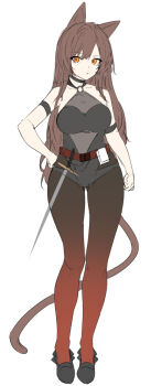 Rule 34 | animal ears, arknights, black one-piece swimsuit, black pantyhose, breasts, brown hair, cat ears, cat girl, cat tail, commentary request, commission, full body, gradient legwear, hand on own hip, long hair, looking at viewer, medium breasts, official alternate costume, one-piece swimsuit, orange eyes, pantyhose, pantyhose under swimsuit, skeb commission, sketch, skyfire (arknights), skyfire (temperature difference) (arknights), standing, swimsuit, sword, tail, unfinished, very long hair, weapon, z (knkr1025)