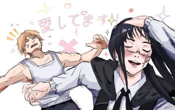 black_cape black_hair black_ribbon blush cape chainsaw_man closed_eyes collared_shirt denji_(chainsaw_man) facial_scar hand_in_own_hair heart highres hitting long_sleeves meme miyajiwm naoya_hitting_choso_without_looking_(meme) neck_ribbon open_mouth ponytail ribbon scar scar_on_cheek scar_on_face scar_on_nose sharp_teeth shirt sidelocks smile teeth white_background white_shirt yoru_(chainsaw_man)
