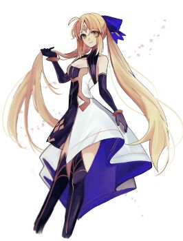 1girl 710_ao absurdres artoria_caster_(fate) artoria_caster_(third_ascension)_(fate) artoria_pendragon_(fate) bare_shoulders black_thighhighs blue_bow blue_dress bow breasts cleavage cropped_legs dress elbow_gloves facial_mark falling_petals fate/grand_order fate_(series) forehead_mark gloves green_eyes hair_bow hair_lift highres light_blush long_dress long_hair looking_at_viewer petals small_breasts smile solo strapless strapless_dress thighhighs twintails very_long_hair white_dress