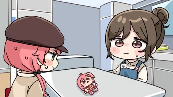 2girls apron bag black_bow blue_apron blush_stickers bow brown_eyes brown_hair brown_jacket character_doll chibi closed_mouth collared_shirt doll flat_cap hair_bow hair_bun hair_over_shoulder hat hololive indoors jacket long_hair low_twintails mochimiko multiple_girls pink_hair sakura_miko shirt shop small_sweatdrop sweat twintails virtual_youtuber wavy_mouth white_shirt