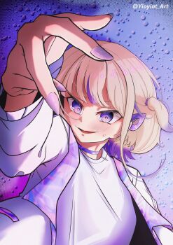 1girl absurdres arm_up black_hair blue_hair blush choker commentary condensation hair_ornament highres hololive hololive_dev_is jacket nail_polish one_side_up open_clothes open_jacket parted_lips purple_choker purple_jacket purple_nails purple_shirt shirt short_hair smile solo todoroki_hajime twitter_username virtual_youtuber yioyiot_art