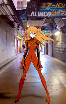 Rule 34 | 1girl, artist request, bodysuit, brown hair, curvy, floating hair, full body, highres, long hair, looking at viewer, mecha pilot suit, neon genesis evangelion, outdoors, plugsuit (evangelion), red bodysuit, road, simple background, smile, solo, souryuu asuka langley, street, twintails, two side up, wide hips