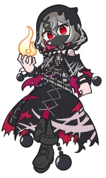 1girl ball_and_chain_restraint bandaged_arm bandages black_boots black_choker black_cloak black_hood boots chained_legs choker cloak colored_inner_hair fire grey_hair hair_ornament looking_at_viewer magical_girl mahou_shoujo_no_majo_saiban mask metal_ball mouth_mask multicolored_hair parody puyopuyo pyrokinesis red_eyes shinmon_akika shito_alisa short_hair simple_background solo style_parody torn_clothes white_background x_hair_ornament