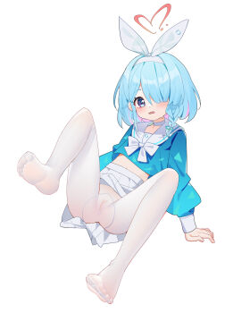 1girl :o alternate_legwear arm_support arona_(blue_archive) blue_archive blue_eyes blue_hair blue_pupils blue_shirt blush bow bow_hairband bowtie braid bright_pupils choker cleft_of_venus colored_inner_hair dot_nose fang feet fingernails foot_focus full_body hair_over_one_eye hairband halo heart heart_halo highres knees_up loli long_sleeves looking_at_viewer midriff_peek miniskirt mofan_sama multicolored_hair navel panties pantyhose parted_lips pink_hair pleated_skirt puffy_long_sleeves puffy_sleeves pussy red_halo sailor_collar school_uniform serafuku shirt short_hair simple_background single_braid sitting skin_fang skirt sleeve_cuffs soles solo spread_legs streaked_hair sweatdrop toe_scrunch toe_seam toes two-tone_hair underwear white_background white_bow white_bowtie white_choker white_hairband white_panties white_pantyhose white_sailor_collar white_skirt