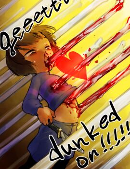 1girl attack blood blood_on_body blood_on_clothes blood_splatter bloody_knife blue_shorts bone brown_hair clothes_lift commentary_request cowboy_shot defeat dropping english_text flat_chest frisk_(undertale) guro half-closed_eyes heart holding holding_knife impaled injury knife leaning_back midriff_peek nosebleed purple_sweater scared shirt_lift shorts striped_clothes striped_sweater suno_(imydream) sweater undertale utdr_(toby_fox) yellow_background