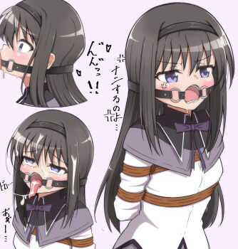 ! !! 1boy 1girl absurdres akemi_homura akemi_homura_(magical_girl) anger_vein arms_behind_back bdsm black_hair black_hairband blush bound bound_arms bound_torso bow bowtie capelet cum cum_in_mouth cum_on_body cum_on_hair dress_shirt facial fellatio gag gagged hairband heart hetero highres irrumatio japanese_text long_hair long_sleeves mahou_shoujo_madoka_magica multiple_views oral penis purple_background purple_bow purple_eyes reno_3tomato rope shirt sidelocks white_shirt