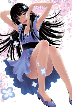 1girl :d ass bare_arms bare_legs black_hair blue_dress blue_eyes commentary_request convenient_leg copyright_name dress flower hair_flower hair_ornament hattori_mitsuru high_heels highres hydrangea long_hair looking_at_viewer official_art open_mouth purple_dress purple_shoes sanka_rea sankarea shoes smile solo thighs white_background