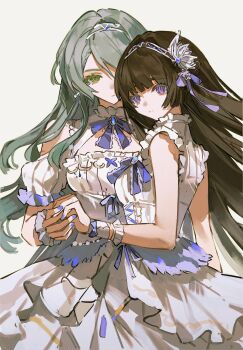 2girls aqua_hair bang_dream! bang_dream!_girls_band_party! black_hair blue_nails chinese_commentary closed_mouth clothing_cutout commentary_request dress green_eyes hairband highres hikawa_sayo hikawayunn holding_hands long_hair multiple_girls nail_polish purple_eyes shirokane_rinko shoulder_cutout simple_background white_background white_dress white_hairband yuri
